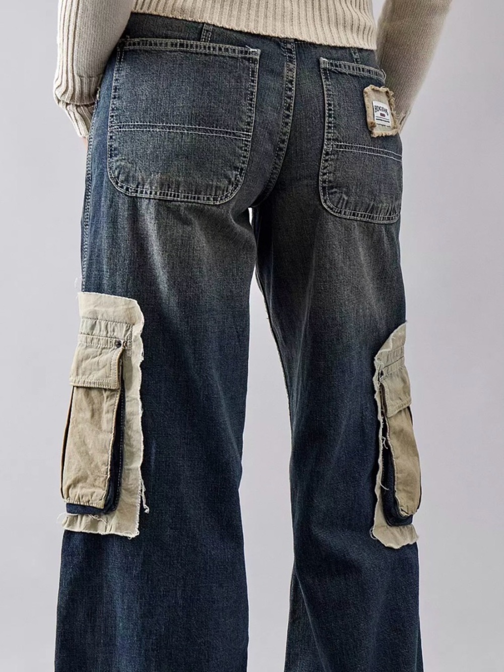 BDG Wide Leg Cargo Jeans in Blue with Tan Patch Pockets - Picture 11 of 11